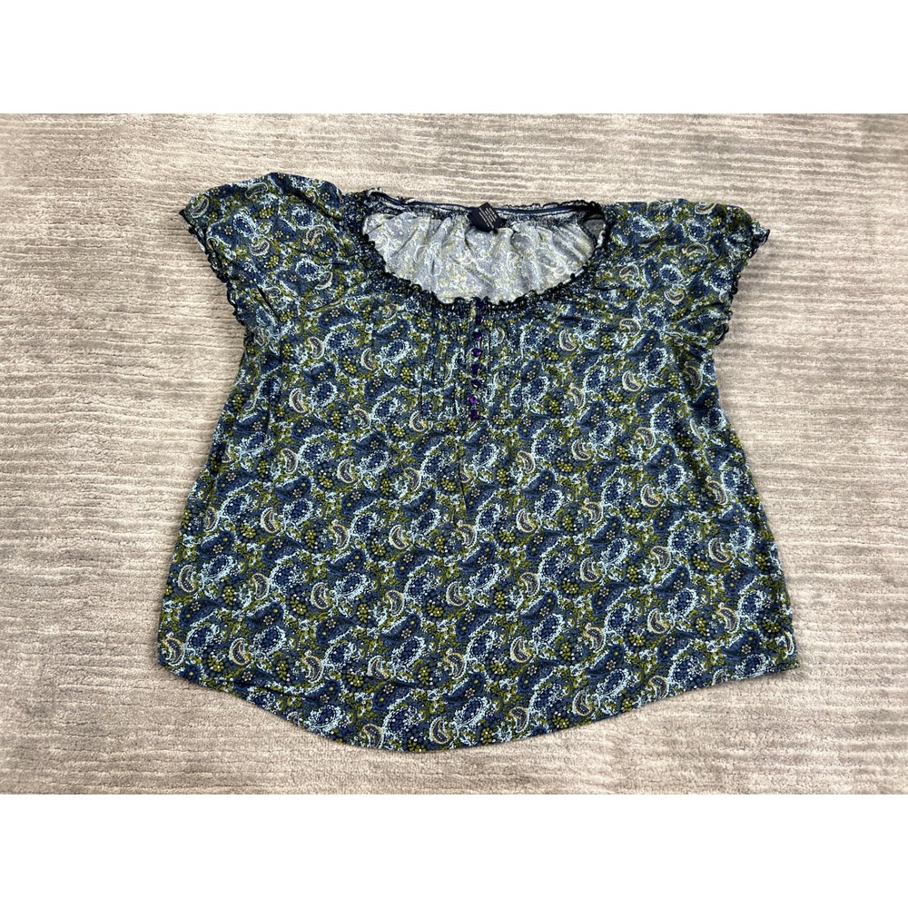 Faded Glory Blouse Womens XL Blue Paisley Floral Boho Lace Trim Top FL33P1404